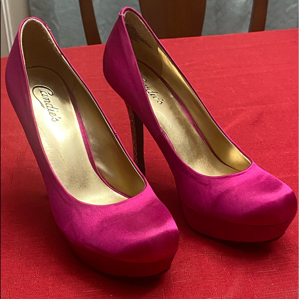 Candie’s Satin and rhinestone pumps